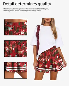 Detail view of Christmas pleated skirt with Santa prints and white hem stripes