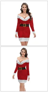 Close-up of red Christmas mini dress with white faux fur trim and belt print detail