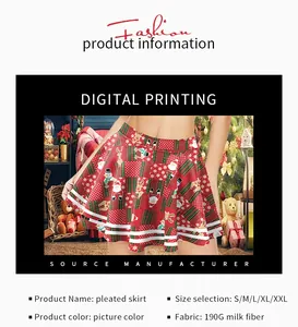 Detailed Christmas pleated skirt with Santa, snowman, and reindeer prints on milk silk fabric
