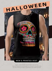 Close-up of a men's black vest with a colorful skull print for Halloween vibes