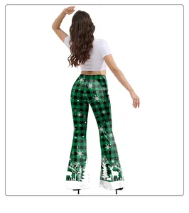 Rear view of Christmas flare pants with green plaid, reindeer and snowflake prints