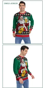 Detail showing Santa with beer bottle digital print on green Christmas sweatshirt