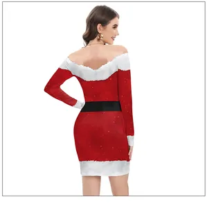 Detail of off-shoulder Christmas mini dress with red starry print and white faux fur trim