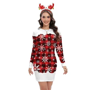 Vestito Bodycon di Natale da Donna Manica Lunga Poliestere Elastan Stampa a Quadri Fiocchi di Neve Sexy Mini Abito da Festa Stile Babbo Natale