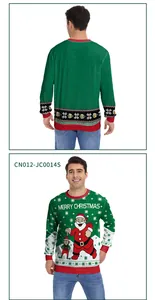 Detail of Christmas sweater with Santa print and festive snowflake knit patterns