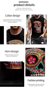 Detail of crew neck design and 3D sugar skull print on black sleeveless tank top