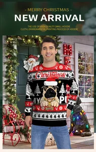 Detail of Christmas pug sweatshirt with festive patterns on a decorated porch