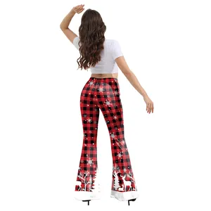 Women's high waist Christmas flare pants with red plaid and white reindeer snowflake prints