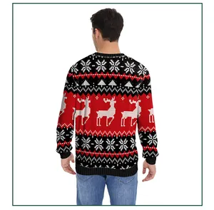 Detailed back view of men's Christmas sweater with reindeer and snowflake knit patterns