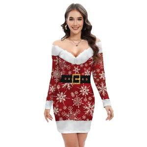Slim fit Christmas dress with white snowflake pattern and faux fur trim for women