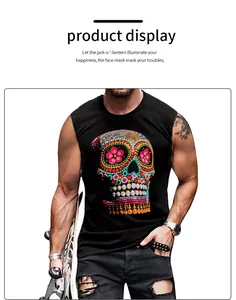 Detail of digital print skull and flower motif on men black sleeveless tank top