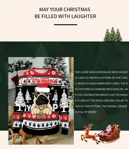 Close-up of pug dog print and festive snowflake details on Christmas crewneck sweatshirt