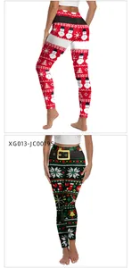 Dettagli dei leggings natalizi a vita alta con stampe festive di pupazzi di neve e fiocchi
