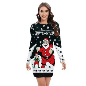 Christmas long-sleeve bodycon dress with Santa Claus print and snowflake details