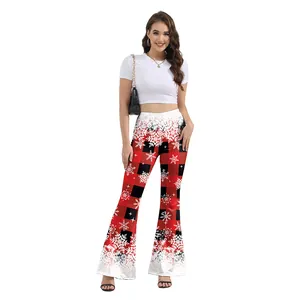 Women's high waist Christmas flare pants with red buffalo plaid and snowflake patterns