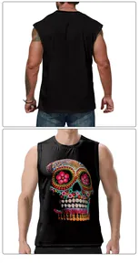 Detailed close-up showing the digital floral skull print on a black sleeveless tank top