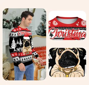 Close-up of Fair Isle Christmas sweater showing pug print and knitted collar details