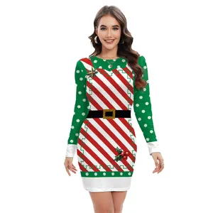 Christmas bodycon dress with snowflake elk print and red white stripes for holiday parties