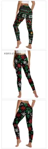 Viste dettagliate dei leggings natalizi a vita alta con stampe festive e grafiche