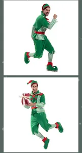 Close-up detail of adult Christmas elf costume set featuring green top and striped sleeves