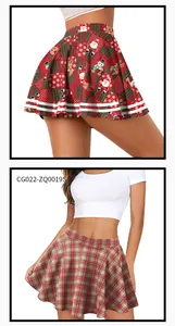 Detailed look at high-waisted pleated skirts with Christmas prints and classic plaid patterns