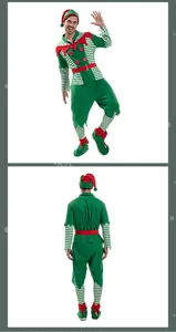 Detailed front and back view of men's Christmas elf costume with striped sleeves