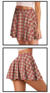 Detailed texture of red and white plaid pleated Christmas skater skirt for women
