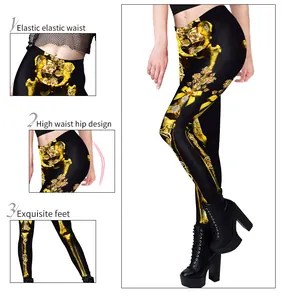 Detail of high waist leggings with golden rose and skeleton print for Halloween