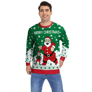 Men's green Christmas sweater with Santa print and Merry Christmas text on white background