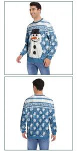 Detail of ribbed cuffs and snowman knit pattern on blue striped Christmas sweater