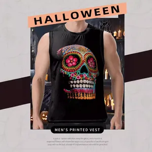 Men's black tank top with colorful floral skull print for Halloween festival wear