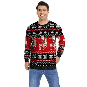 Men's Christmas sweater featuring Santa riding reindeer pattern with black ribbed trims