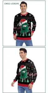 Detail of Christmas tree print and ribbed red cuffs on black crewneck holiday sweater