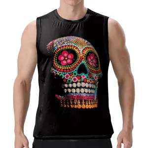 Men's black tank top with colorful sugar skull and flower print for Halloween