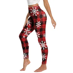 Pantaloni yoga natalizi da donna con stampa a quadri e fiocchi di neve a vita alta
