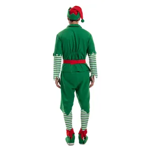 Classic green and red Christmas elf costume set with striped sleeves and pointed hat