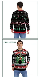 Front and back view of a black Christmas sweater with sloth and snowflake prints
