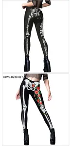 Front and back detail of high-waist leggings with skeleton and red rose prints