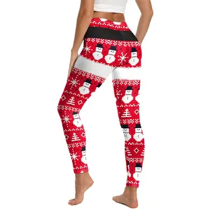 Leggings natalizi a vita alta con motivo pupazzo di neve e stampa nordica rossa