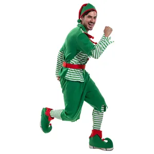 Festive Christmas elf costume set with striped sleeves and pointed hat for adults