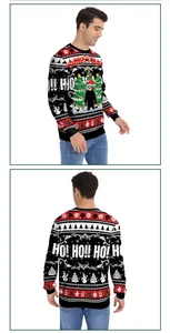 Detail of Christmas crewneck sweatshirt featuring festive sloth and holiday patterns