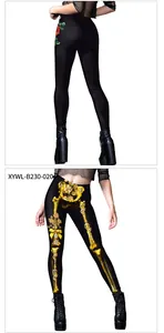 Detail of high waist leggings with golden skeleton and rose print in front and back view