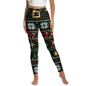 Leggings da yoga natalizi da donna con stampa festiva rossa e verde di alta qualità