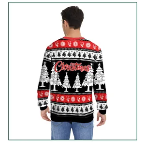 Detail of Christmas sweater back featuring Santa, snowflakes and Christmas lettering