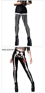 Detail of Halloween leggings with skeleton print on front and striped design on the back