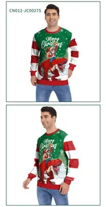 Detail of Christmas sweatshirt featuring Santa riding a T-Rex with festive prints