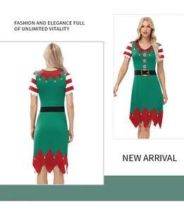 Detail of Christmas elf dress showing V-neck with gold bells and festive candy print
