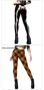 Detailed close-up of dark punk skeleton print and classic orange plaid leggings