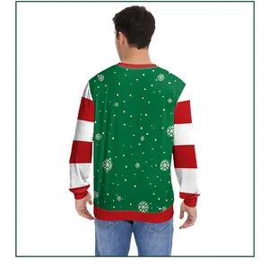 Back view of a green Christmas sweatshirt with snowflake prints and red striped sleeves