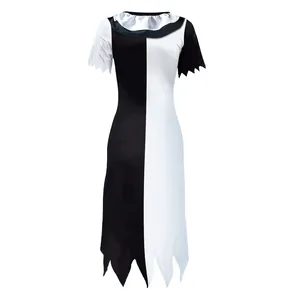 Schwarz-weiß geteiltes Cosplay-Kleid mit Rüschenhals und gezacktem Saum-Detail